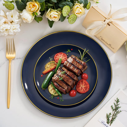 bUCLA 150PCS Blue and Gold Plastic Plates - 25 Guests Navy Blue Plastic Dinnerware Disposable for Party - Include 25 Dinner/Dessert Plates, 25 Knives, 25 Forks, 25 Spoons, 25 Cups