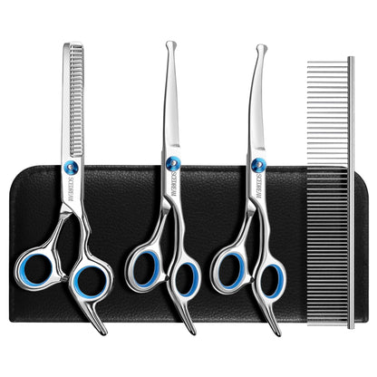 SCEDREAM Dog Grooming Scissors for Dogs with Safety Round Tips, 5 in 1 Dog Scissors for Grooming, Professional Curved Pet Grooming Shears Set for Dogs and Cats