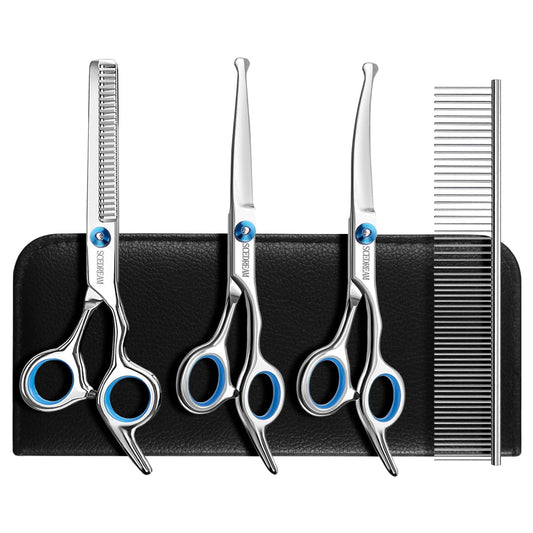 SCEDREAM Dog Grooming Scissors for Dogs with Safety Round Tips, 5 in 1 Dog Scissors for Grooming, Professional Curved Pet Grooming Shears Set for Dogs and Cats