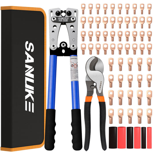 Sanuke Battery Cable Lug Crimping Tool Kit with Cable Cutter 60pcs Ring Terminals 60pcs Heat Shrink Tubing and A Bag, Wire Crimper for AWG 10-1/0 Electrical Lug
