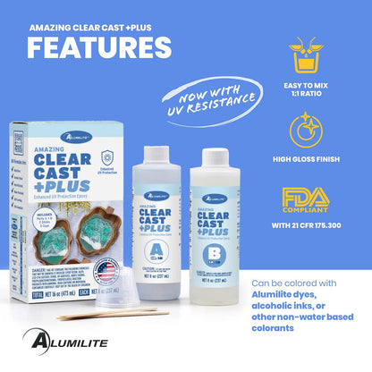 Alumilite Amazing Clear Cast Plus Epoxy Resin Kit for Making and Molding, UV, Plastic Coating, Casting for Countertops, Cups, Tumblers, High-Gloss, Glass Finish - 16 oz (8 oz Part A + 8 oz Part B)