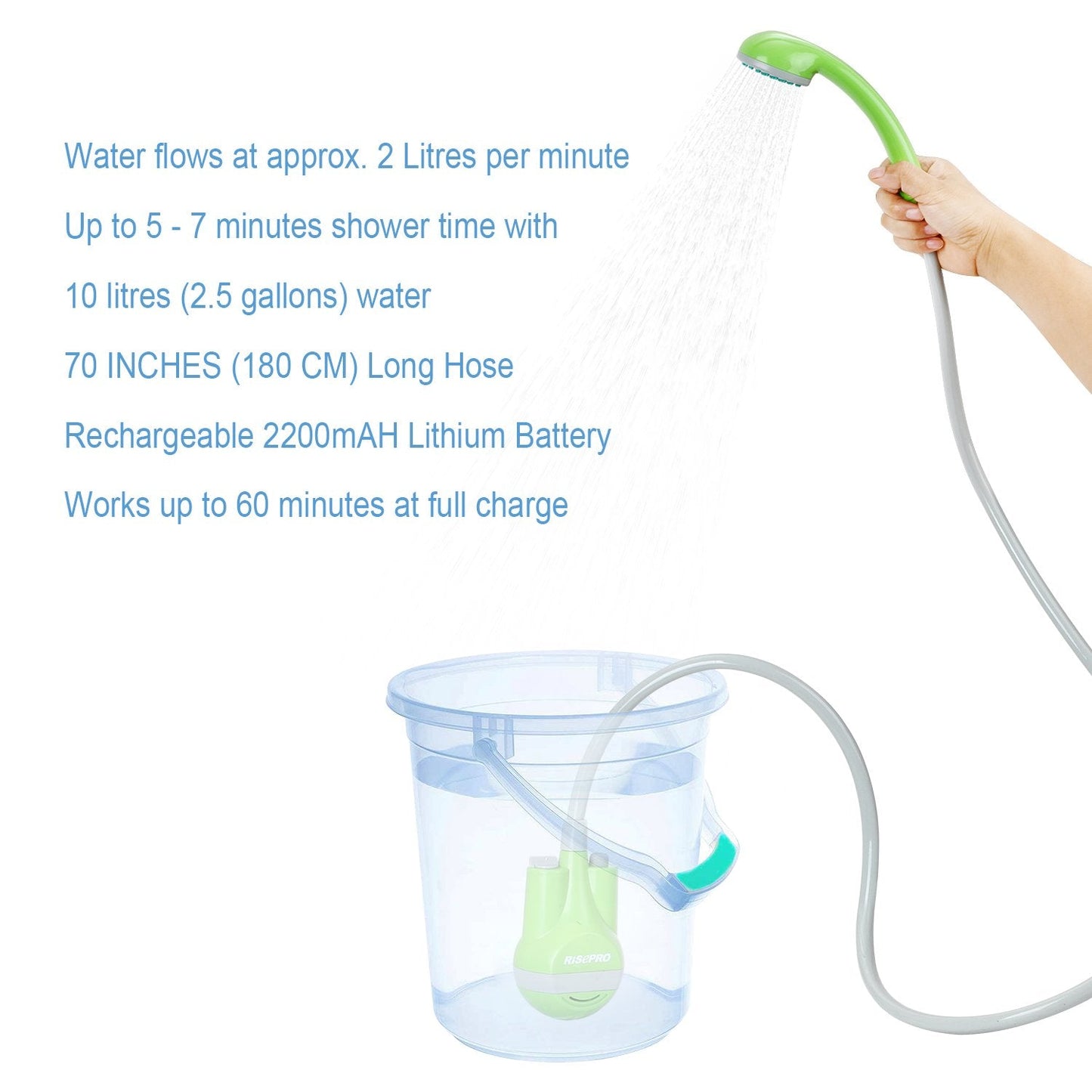 RISEPRO Portable Camping Shower, Outdoor Head, Pump With Rechargeable Battery, USB Charging Line, Pumps Water From Bucket for Hiking, Pet Cleaning, Car Washing