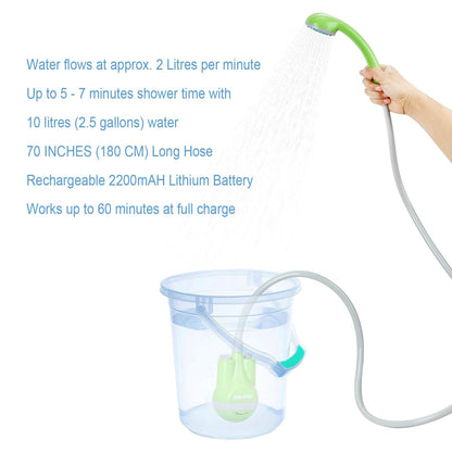RISEPRO Portable Camping Shower, Outdoor Head, Pump With Rechargeable Battery, USB Charging Line, Pumps Water From Bucket for Hiking, Pet Cleaning, Car Washing