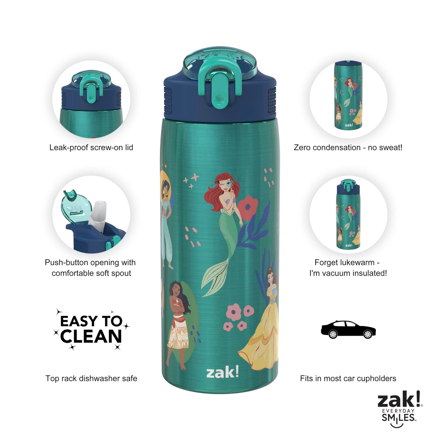 Zak Designs Disney Princess Water Bottle for Travel and At Home, 19 oz Vacuum Insulated Stainless Steel with Locking Spout Cover, Built-In Carrying Loop, Leak-Proof Design (Disney Princess)
