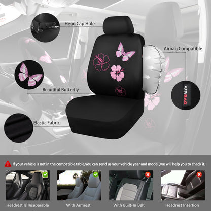 CAR PASS Universal Cloth Butterfly Car Seat Covers Full Set, Embroidered Flower Waterproof Car Floor Mats Carpet, Butterflies Steering Wheel Cover for Car Accessories Interior Sets (Black and Pink)