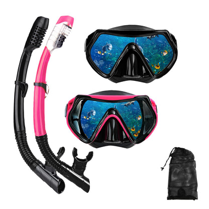 Snorkel mask Snorkeling Set for Adults and Youth, Diving mask and Full Dry Snorkel Swim Googles is Suitable for Snorkeling, Dive Scuba Diving, Swimming (Black+Pink（2 Set）)