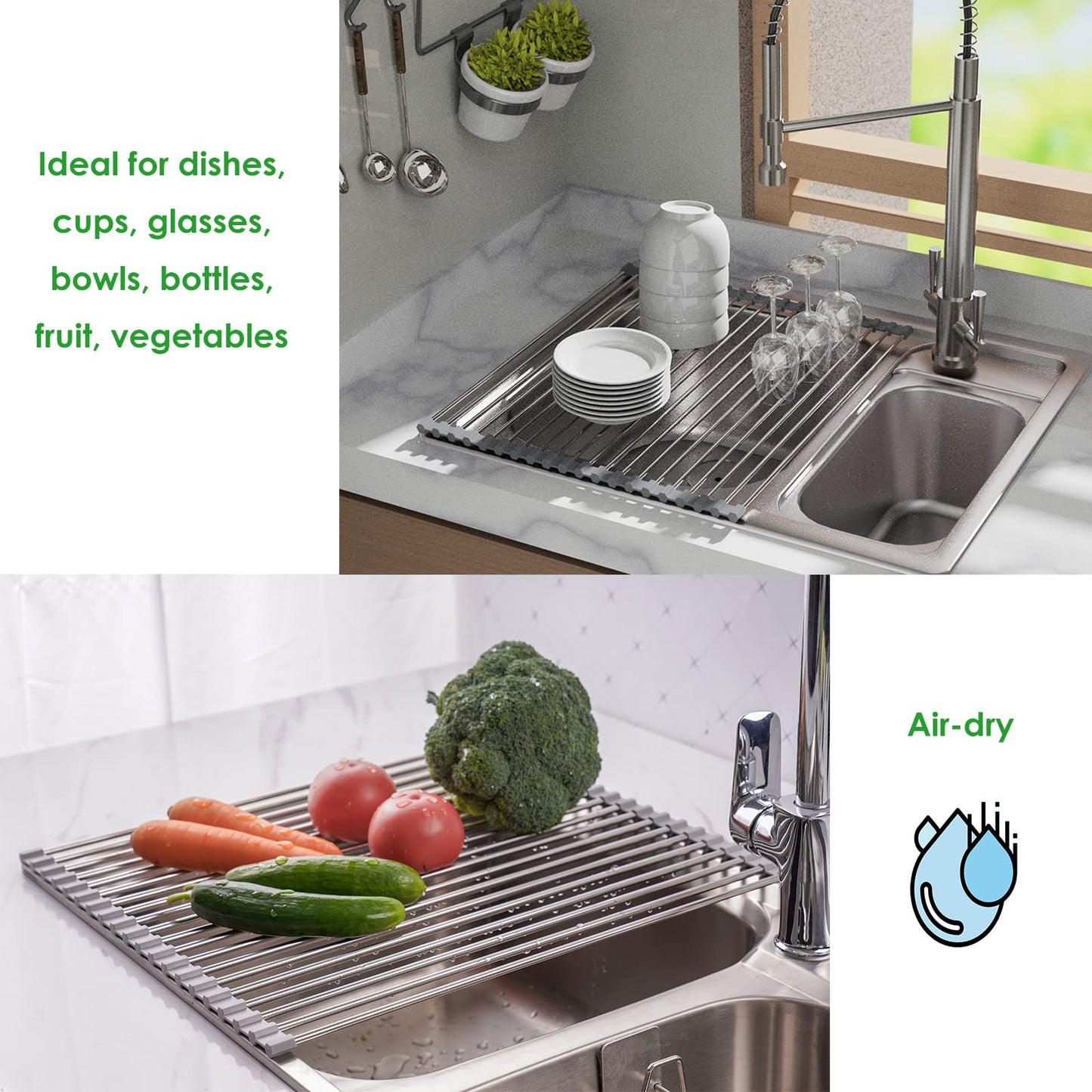 Tomorotec Roll Up Dish Drying Rack Over The Sink Grey Large Dish Drying Rack Rolling Foldable Collapsible SUS304 Stainless Steel Multipurpose Dish Drainer for Kitchen Counter (21”x15.7”)