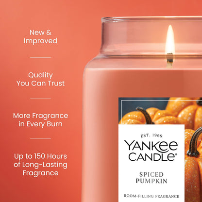 Yankee Candle Large Jar Scented Candle with up to 150 Hour Burn Time, Premium Plant Wax Blend for Consistent Burn, 22 oz Jar Candle with Room Filling Fragrance, Spiced Pumpkin