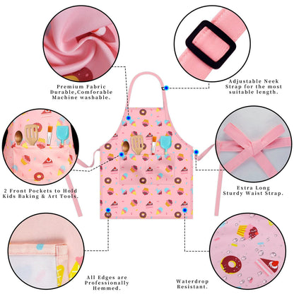 DEABOLAR Kids Aprons for Girls Toddler Donut Aprons with Pockets for Kids Cooking Baking Painting Crafting Art Gardening Adjustable, Machine Washable