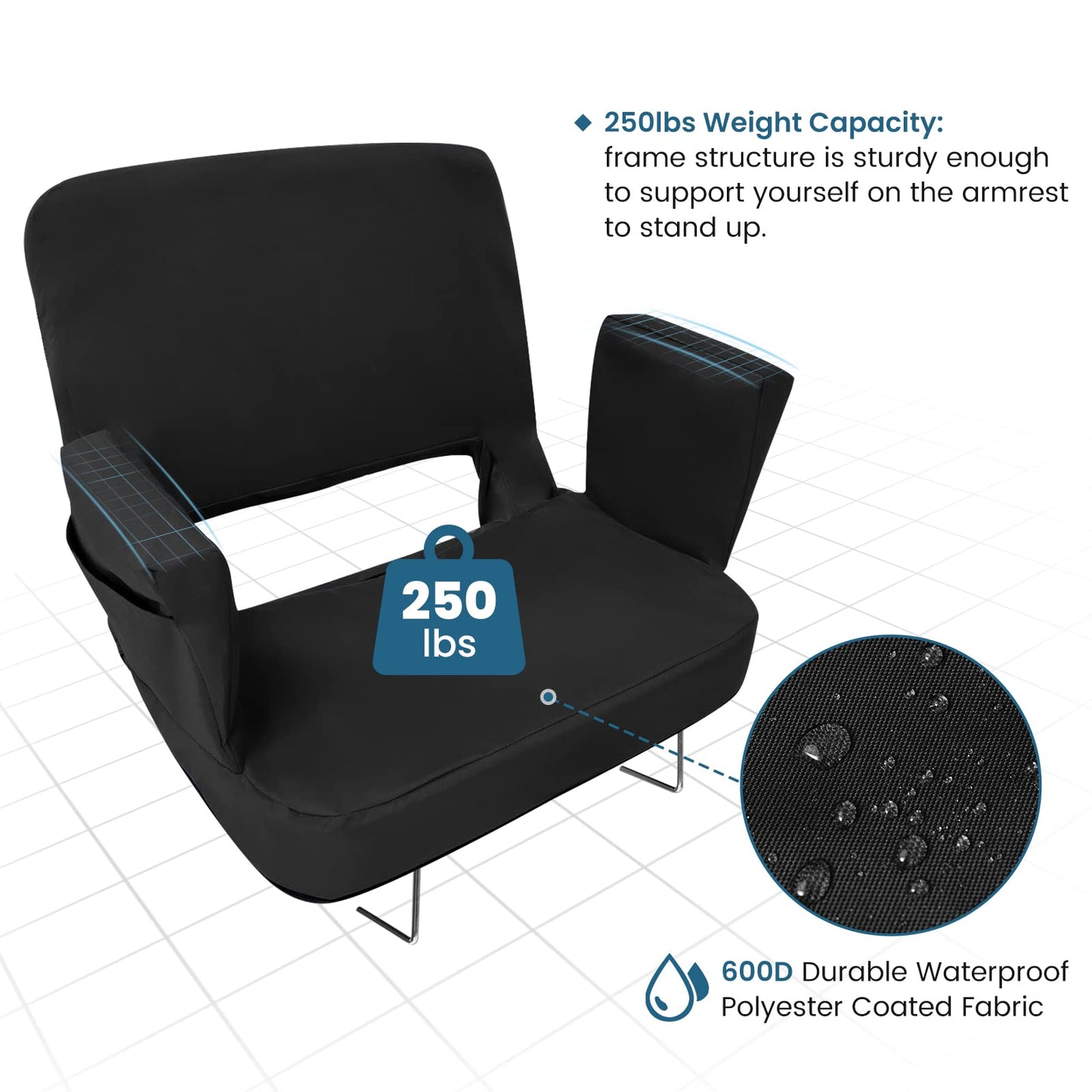 TOPSKY Stadium Seat with Back Support, Regular Size 18.7”Width (Seat 17”), 3 Reclining Positions, Wide Bleacher Seats with 2 Hook, Picnic Seat (Black)