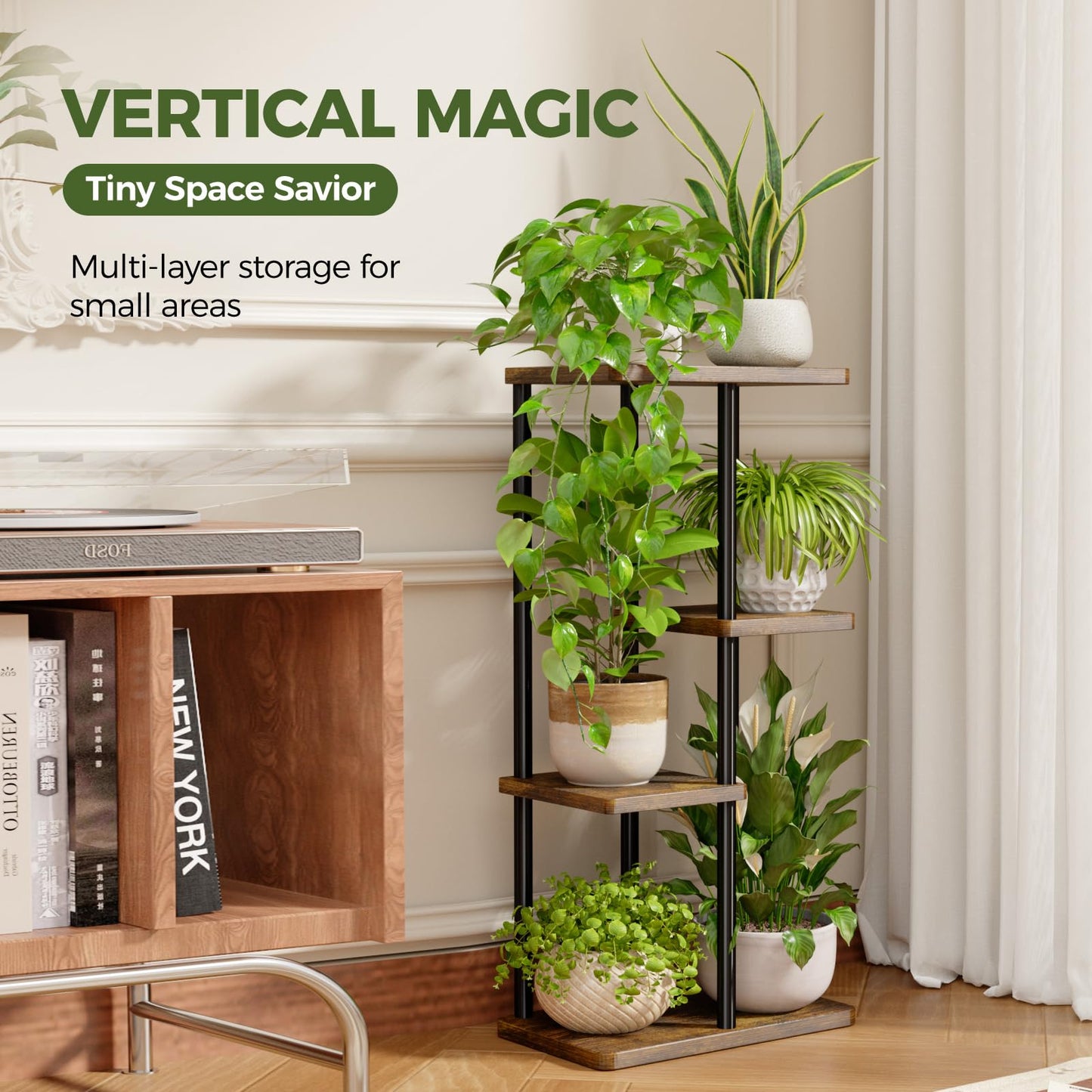 Bamworld Plant Stand Indoor, Corner 4 Tier Metal Plant Shelf for Multiple Plants, Tiered Flower Pot Stands for Patio Garden Balcony Living Room Bedroom, Brown