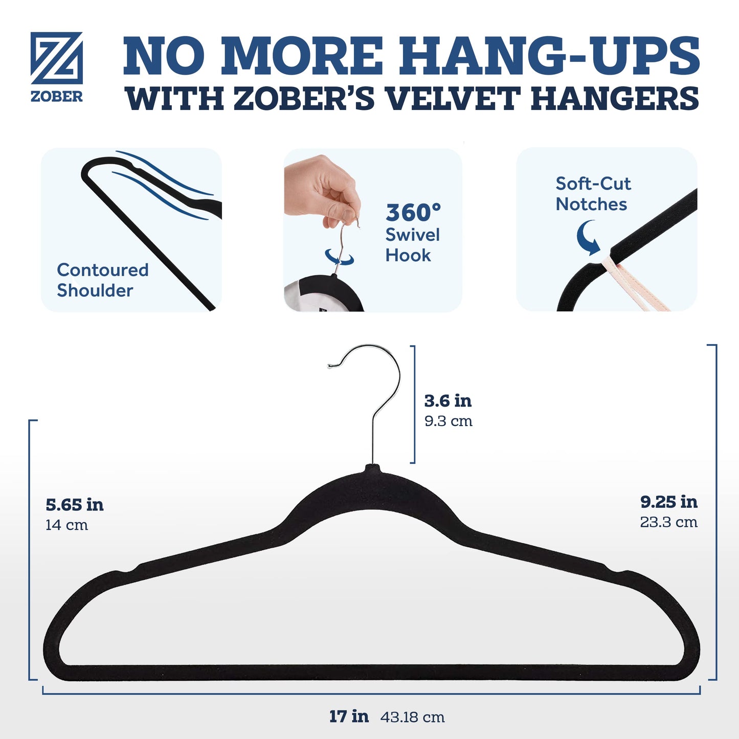 Zober Velvet Hangers 50 Pack - Black for Coats, Pants & Dress Clothes - Non Slip w/ 360 Degree Swivel, Holds up to 10 lbs - Strong Felt Hangers for Clothing