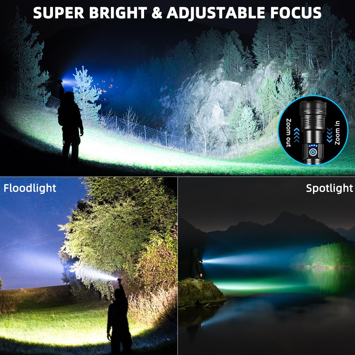 Flashlights High Lumens Rechargeable, Super Bright Flashlight, Adjustable Tactical Flashlight, 5Mode Flash Light High Powered, Waterproof LED Flashlight for Camping, Hiking, Home, Emergencies