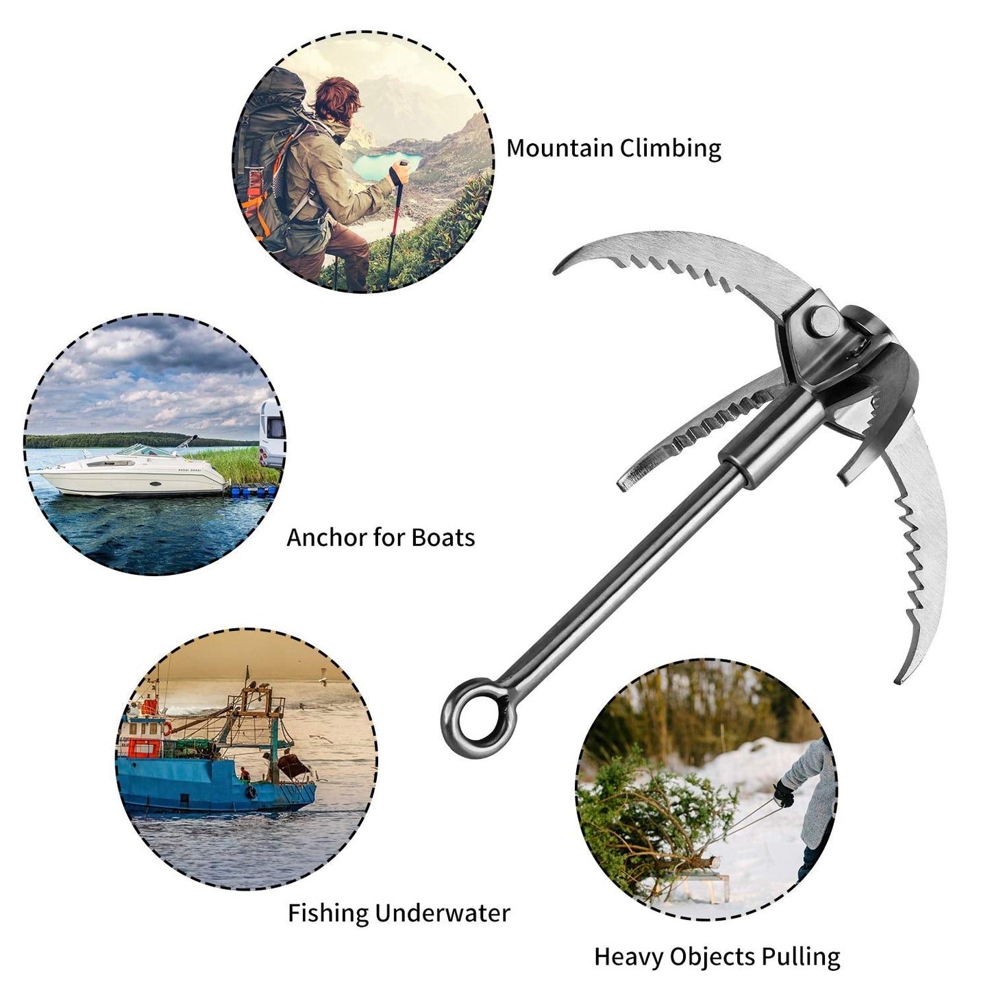 Ant Mag Grappling Hook Stainless Steel Claw Carabiner with 20m/65ft 8mm Auxiliary Black Rope for Camping Hiking Tree Grabbing and Water Lifting Salvage