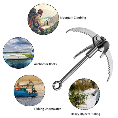 Ant Mag Grappling Hook Stainless Steel Claw Carabiner with 20m/65ft 8mm Auxiliary Black Rope for Camping Hiking Tree Grabbing and Water Lifting Salvage