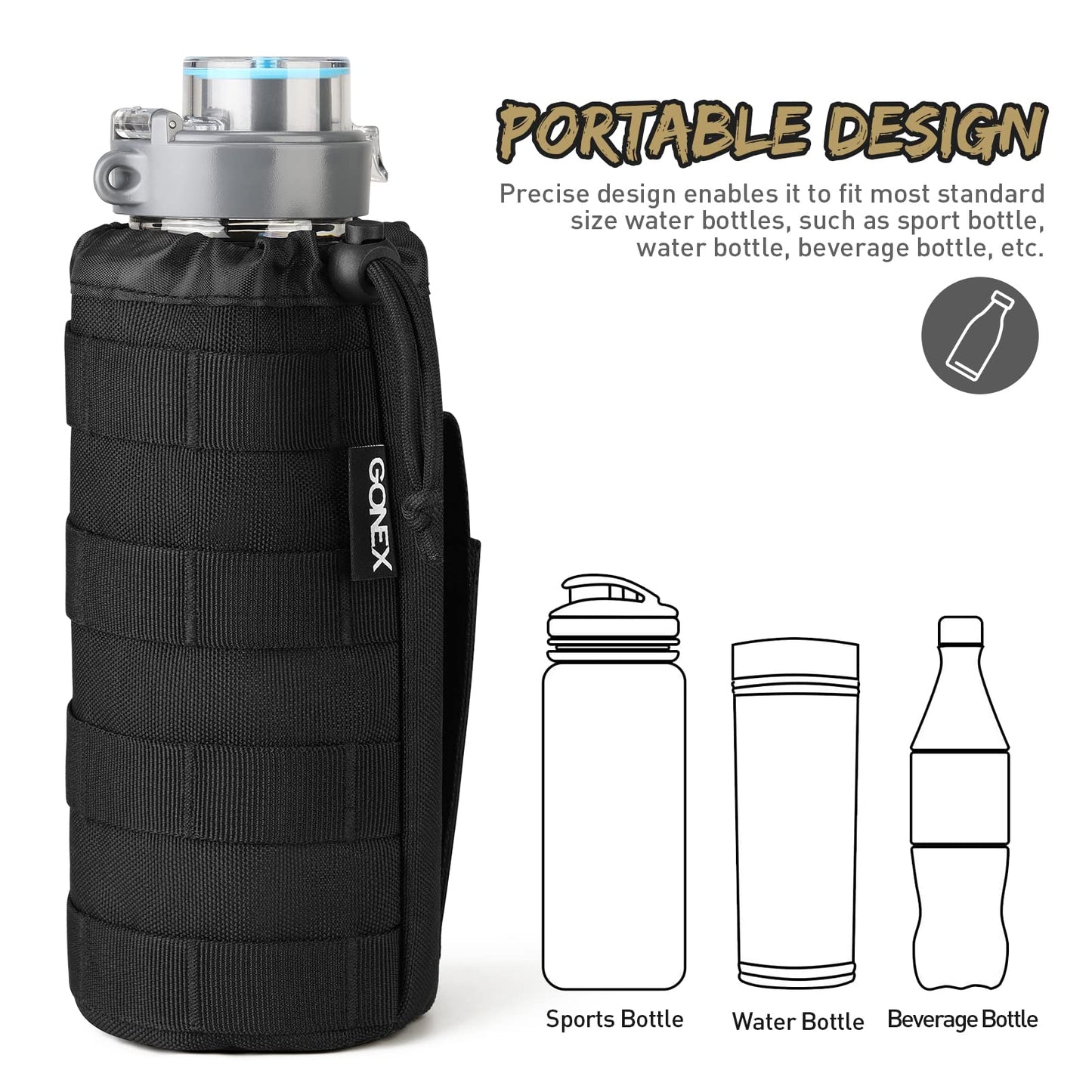 Gonex Tactical Military MOLLE Water Bottle Pouch, Drawstring Open Top & Mesh Bottom Travel Water Bottle Bag Tactical Hydration Carrier Black