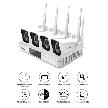 Wireless Security Camera System Outdoor, UNIOJO 2.0MP 1080P Waterproof IP66 Indoor Outdoor Home Surveillance IP Camera with 8CH CCTV NVR Recorder (1T Hard Drive), Night Vision, Motion Detection
