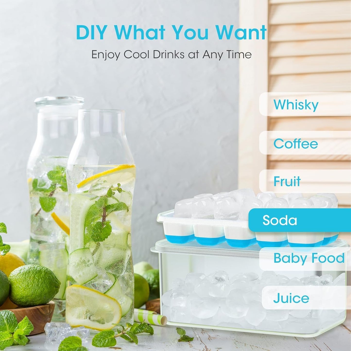 DOQAUS Ice Cube Tray with Lid and Bin, 4 Pack Silicone Plastic Ice Cubes Trays for Freezer with Box/Container, Stackable with Storage Iced Bucket Kits, Scoop, for RV, Soup, Food, Cocktail, Coffee