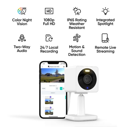 Wyze Cam OG Indoor/Outdoor 1080p Wi-Fi Smart Home Security Camera with Color Night Vision, Built-in Spotlight, Motion Detection, 2-Way Audio, Compatible with Alexa & Google, White, Free Expert Setup
