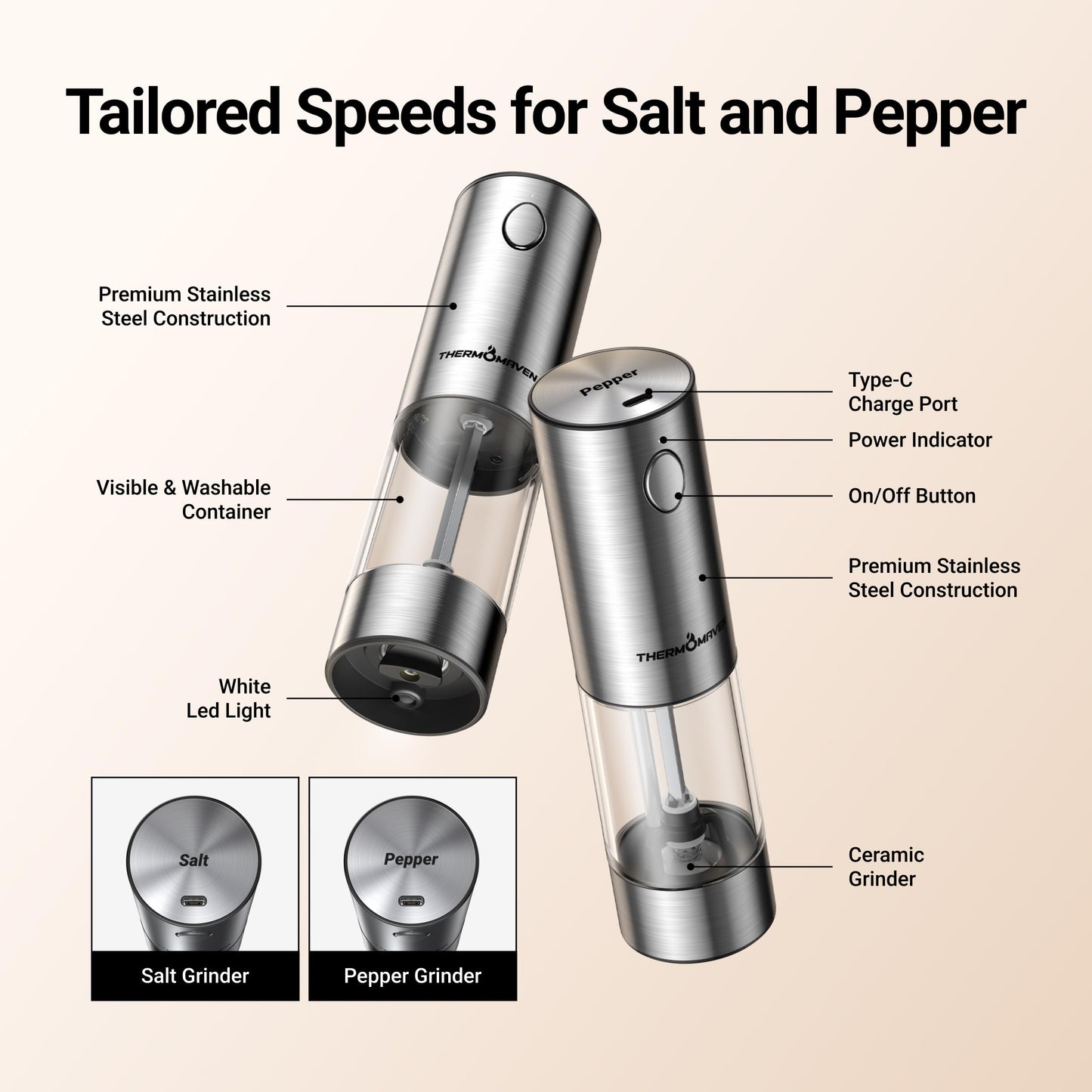 ThermoMaven Upgraded Larger Capacity Electric Salt and Pepper Grinder Set, 110ml Rechargeable Salt and Pepper Shaker with LED light, Stainless Steel Automatic Pepper Mill with 6 Adjustable Coarseness