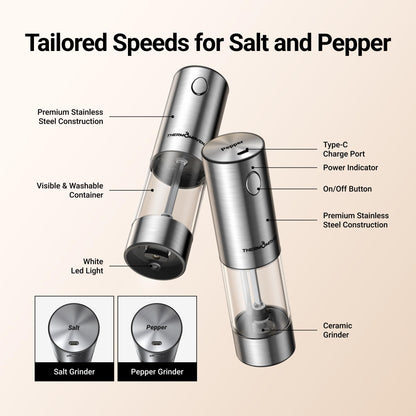 ThermoMaven Upgraded Larger Capacity Electric Salt and Pepper Grinder Set, 110ml Rechargeable Salt and Pepper Shaker with LED light, Stainless Steel Automatic Pepper Mill with 6 Adjustable Coarseness