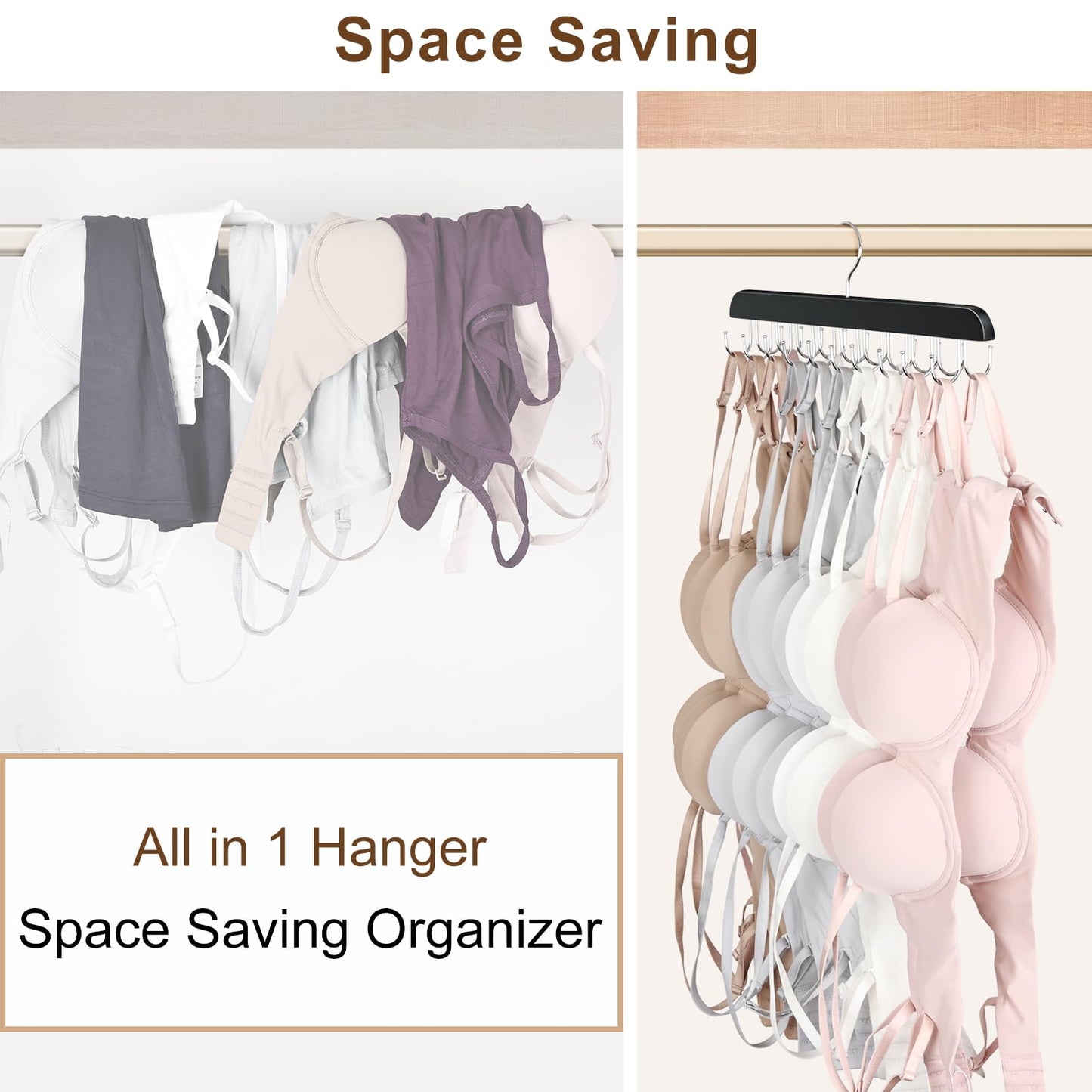 Bra Hanger for Closet, Tank Top Organizer 20 Hooks Capacity Foldable Wood Space Saving Hanger Closet Organizers and Storage for Dorm & Apartment for Tank Top, Hats, Scarf etc.