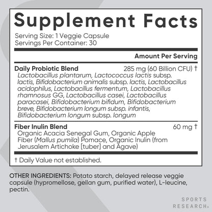 Sports Research Daily Probiotics with Prebiotics, 60 Billion CFU - Vegan Capsules for Gut Health & Digestive Support, Probiotics for Women & Men - Non-GMO Verified & Gluten Free - 30 Count