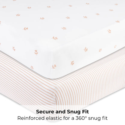 Ely’s & Co. Pack and Play Sheets, for Mini/Portable Crib, 2 Pack Fitted Playpen Play Yard Sheet Set Compatible with Graco Pack n Play, for Baby Girls, 100% Cotton, Pink Tulips and Stripes, 38”x24”x5”
