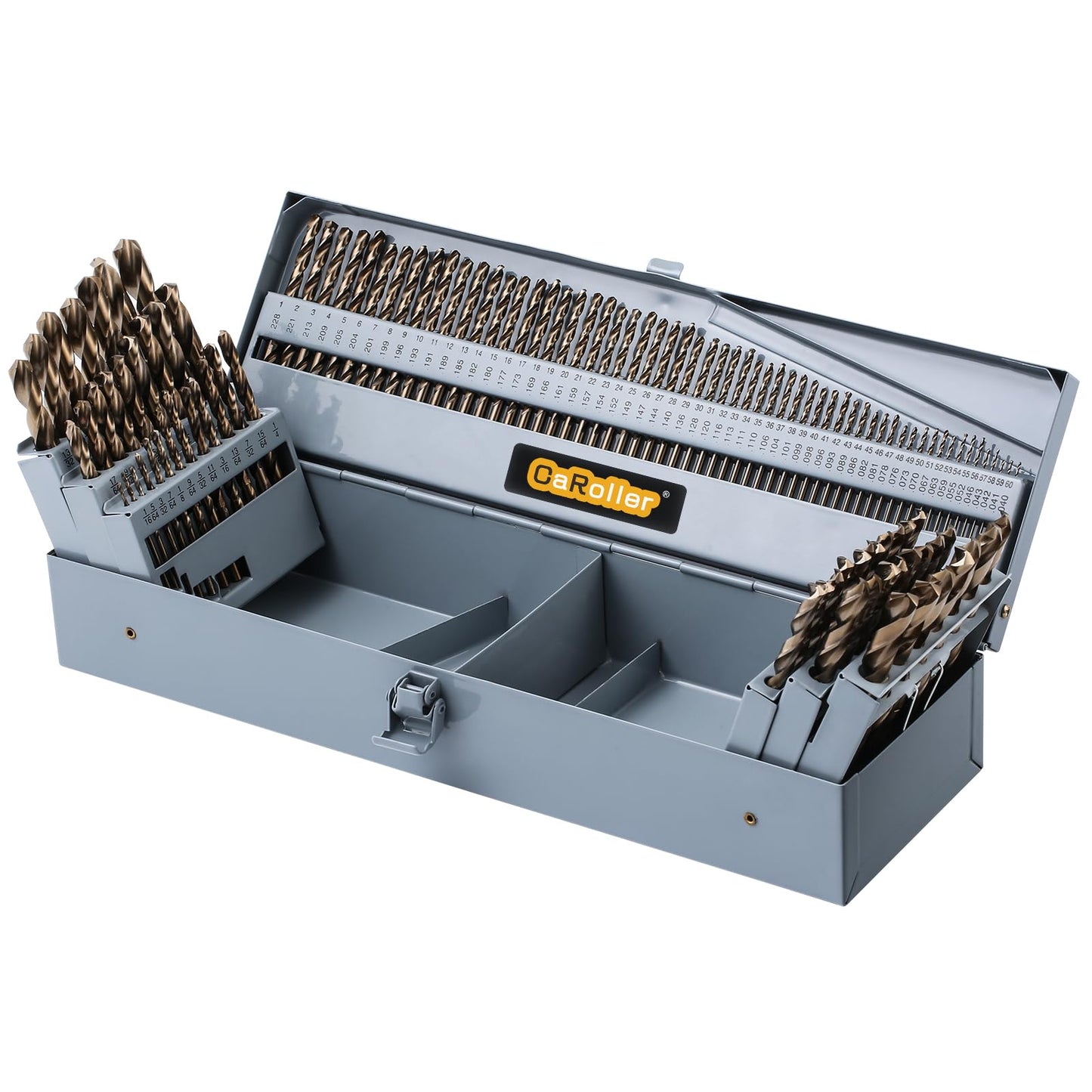 CaRoller Cobalt Drill Bit Set 115 PCS, High Speed Steel M35 Drill Bits Durable Round Shank Drill Sets for Hardened Steel, Wood Plastic, Sheet Metal, with Metal Index Storage Box (115pcs Cobalt)