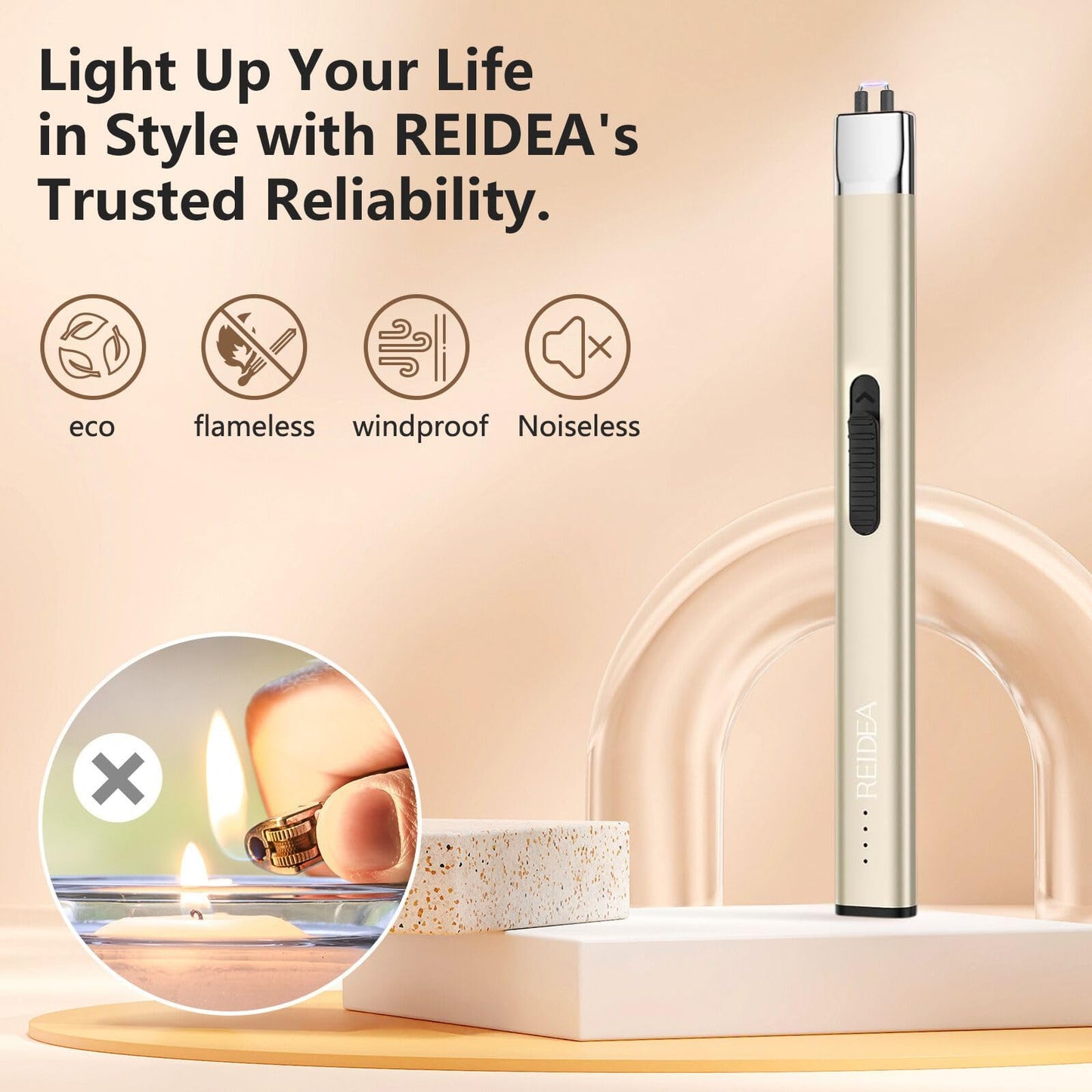 REIDEA Electric Candle Lighter, Retractable Top Windproof Flameless USB Rechargeable Arc Lighter with Safe Button and Power Indicator for Candle, BBQ and Fireworks, R1 Flat, Champagne Gold