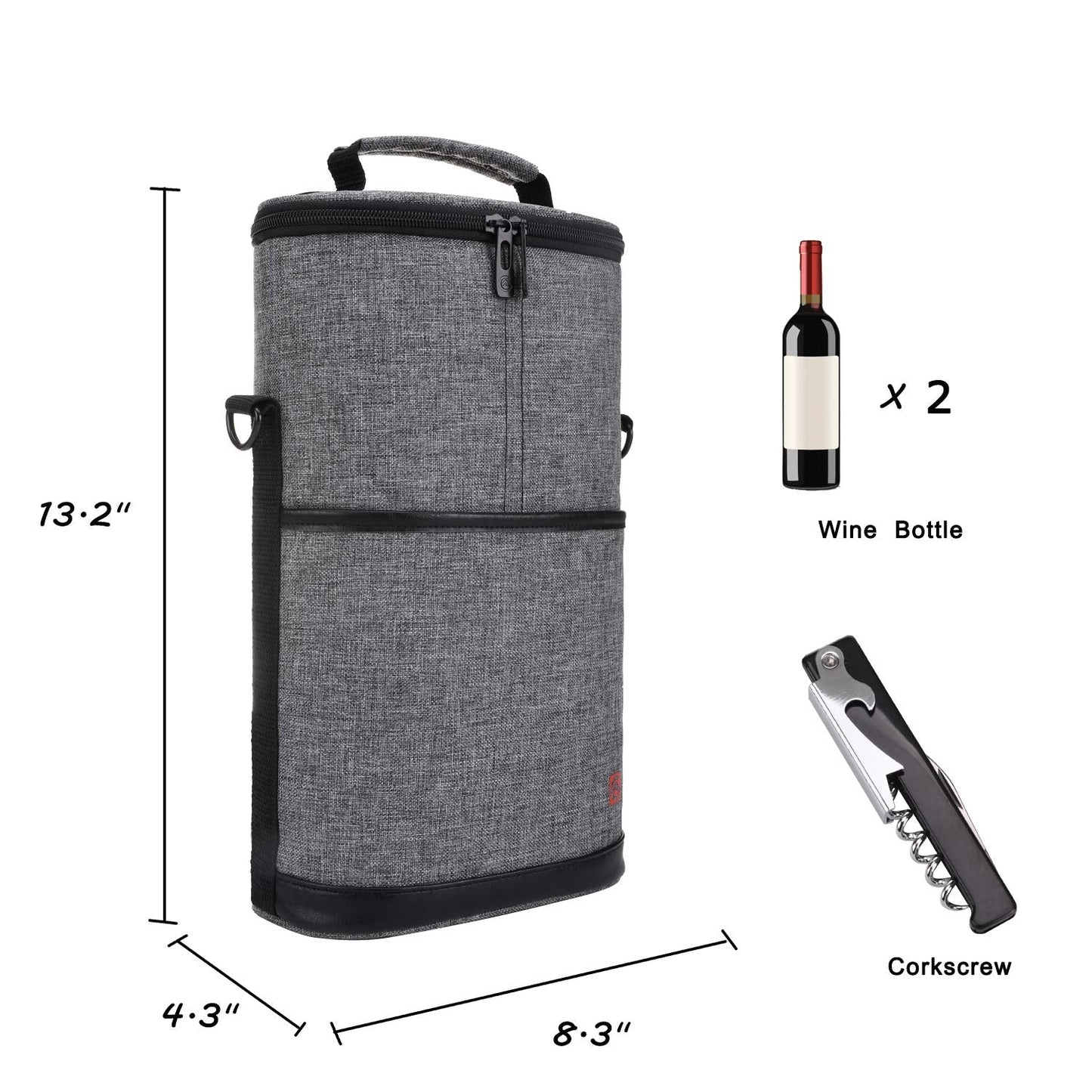 ALLCAMP 2 Bottle Wine Tote Carrier - Insulated Portable Padded Canvas Wine Bag for Travel, BYOB Restaurant, Wine Tasting, Party, Great Christmas Day Gift for Wine Lover，Gray