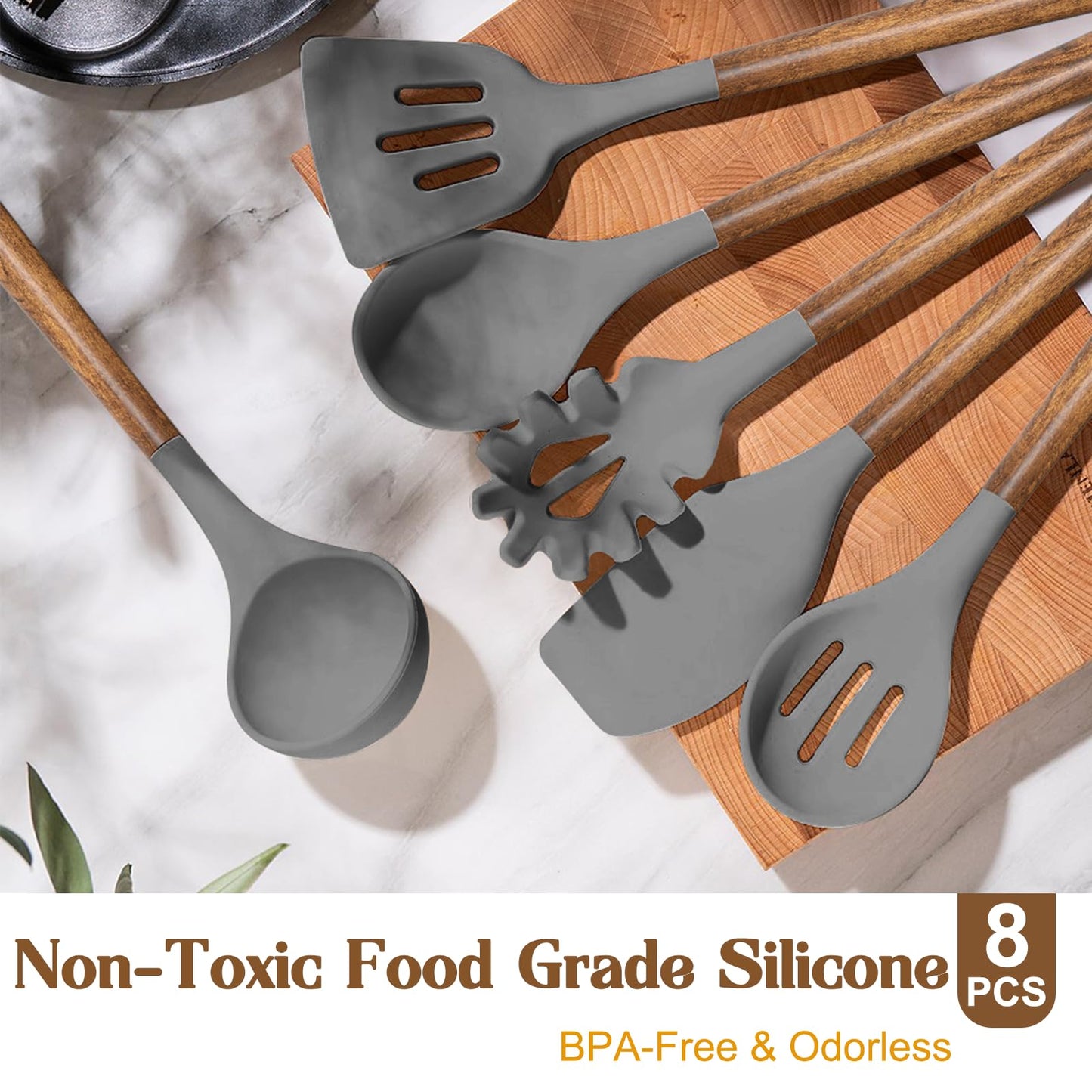 Umite Chef Silicone Cooking Utensil Set, 8-Piece Kitchen Utensils Set with Natural Acacia Wooden Handles,Food-Grade-Silicone Kitchen Gadgets and Spatula Set for Nonstick Cookware - Grey