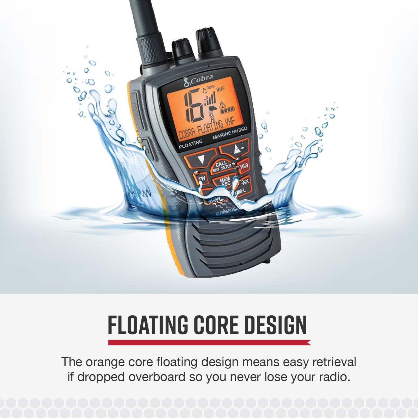 Cobra MR HH350 FLT Handheld Floating VHF Marine Radio - 6 Watt, Submersible, Noise Cancelling Mic, Backlit LCD Display, NOAA Weather, and Memory Scan, Grey
