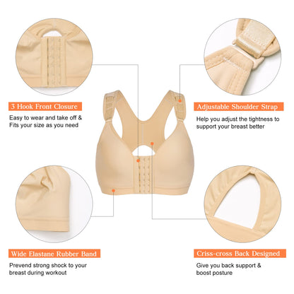 Wonderience Sports Support Bra Post-Surgical Wide Adjustable Straps with Front Closure Wirefree (Beige, Large)
