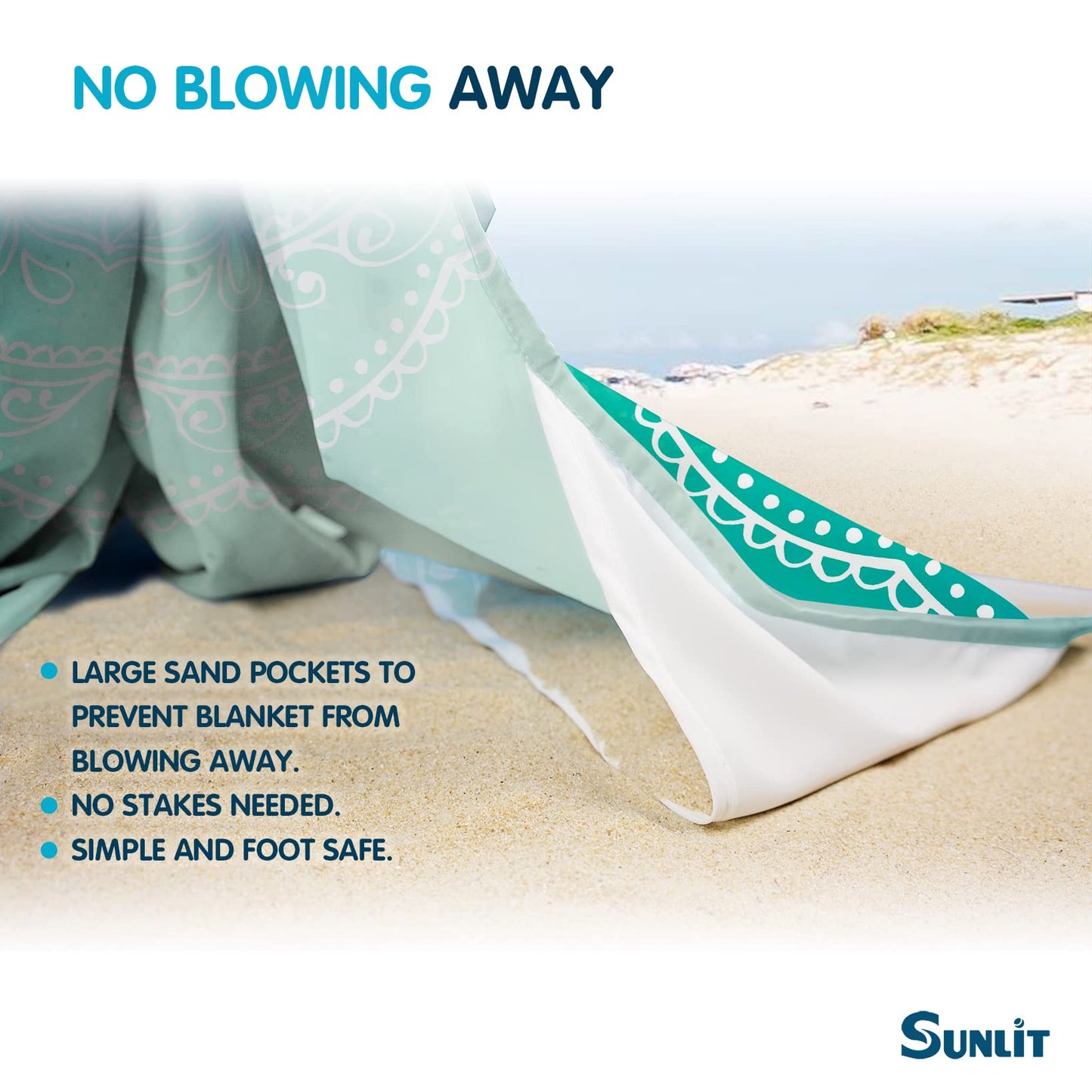 Sunlit 10'x9' Extra Large Boho Sand Proof Beach Blanket, Sand Proof Mat with Corner Pockets and Mesh Bag for Beach Party, Travel, Camping and Outdoor Music Festival, Bright Turquoise Mandala