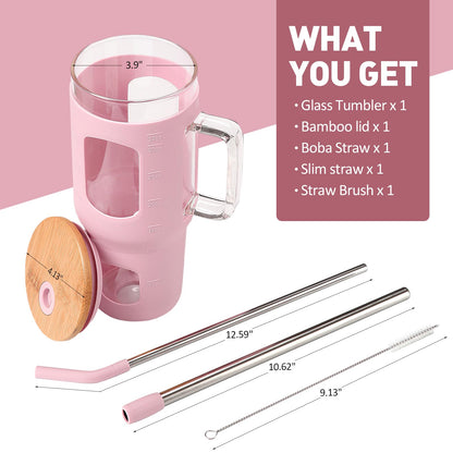 WINSA Glass Tumbler with Straw and Lid, 32 oz Glass Cup with Handle, Glass Water Bottles with Time Marker, 2 Straws - Pearl Straw & Drinking Straw Silicone Protective Sleeve-Pink