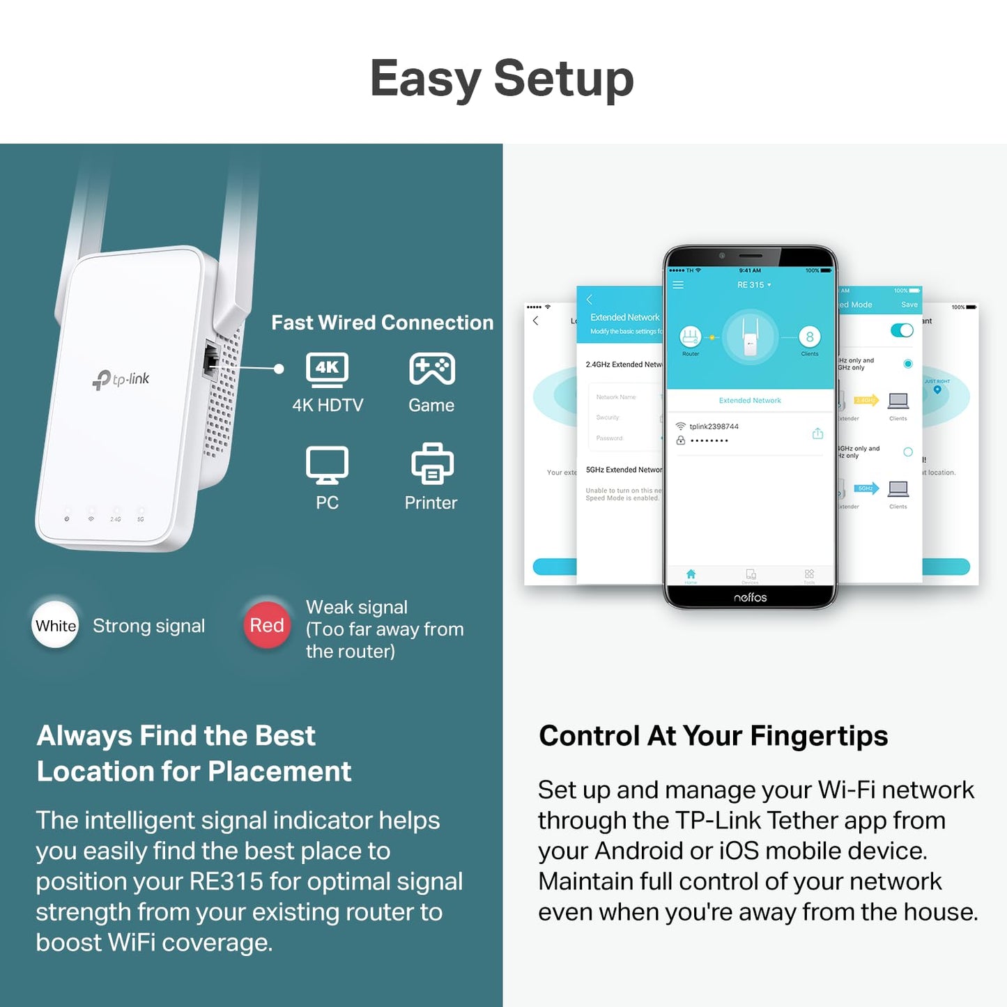 TP-Link AC1200 WiFi Extender, 2025 Wirecutter Best WiFi Extender, 1.2Gbps Home Signal Booster, Dual Band 5GHz/2.4GHz, Up to 1600 Sq.ft and 32 Devices, EasyMesh Compatible, One Ethernet Port (RE315)