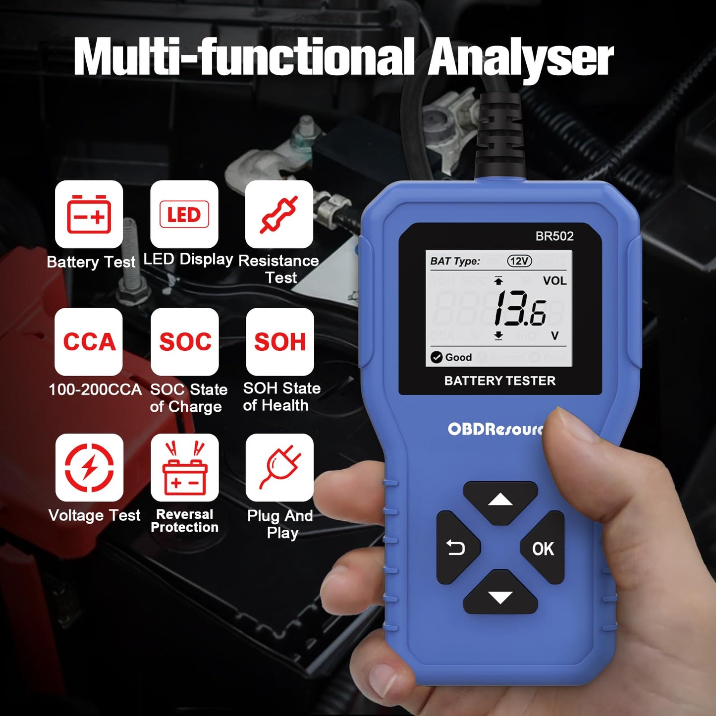 Car Battery Tester 6V 12V 24V Battery Voltage Tester, BR502 100-2000 CCA 2Ah-220Ah Internal Resistance Tester Automotive Accurate Digital Auto Battery Analyzer for Car Truck Marine Motorcycle SUV Boat