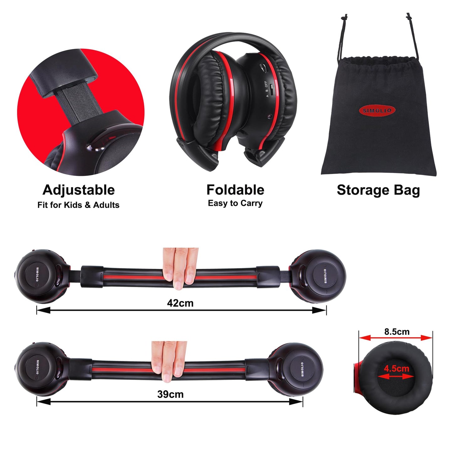 SIMOLIO 2 Pack of Wireless Car Headphones, 2 Channel IR Wireless Headphones for Kids, Not Bluetooth, in Car DVD Headsets with Storage Bag for Vehicle Universal Rear Entertainment System