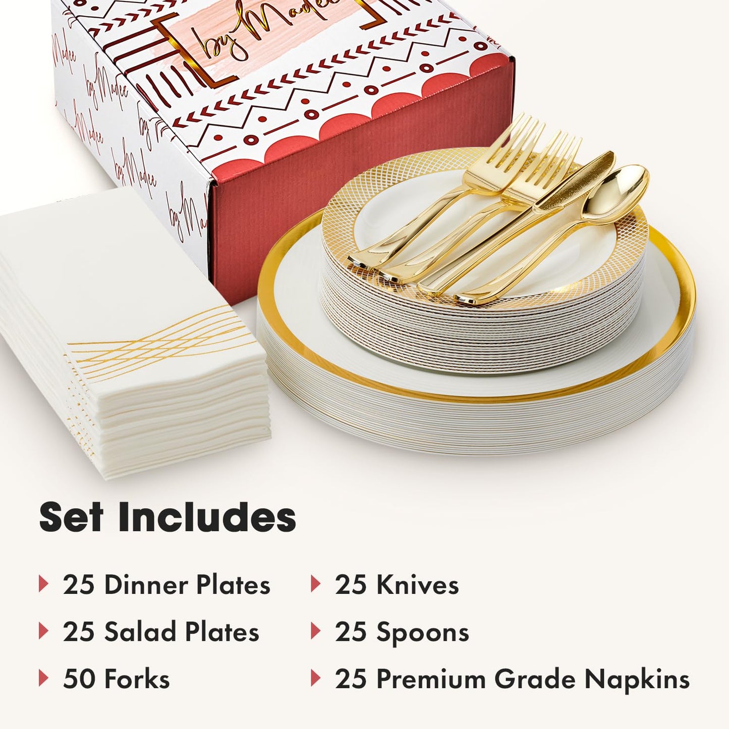 By Madee EXTRA HEAVYWEIGHT 175 Pc White and Gold Plastic Plates and Utensils Set with Linen Like Napkins – Fancy Disposable Dinnerware Set for Wedding, Bridal Showers, Special Occasion (25 Guests)