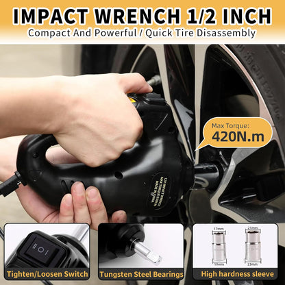 ROGTZ Electric Hydraulic Car Jack Kit 5 Ton 12V Portable Lift Range 17.7 Inch with Impact Wrench and Tire Inflator Pump for SUV Sedan Truck Car Repair Floor Jack for Vehicle Tire Change with LED Light