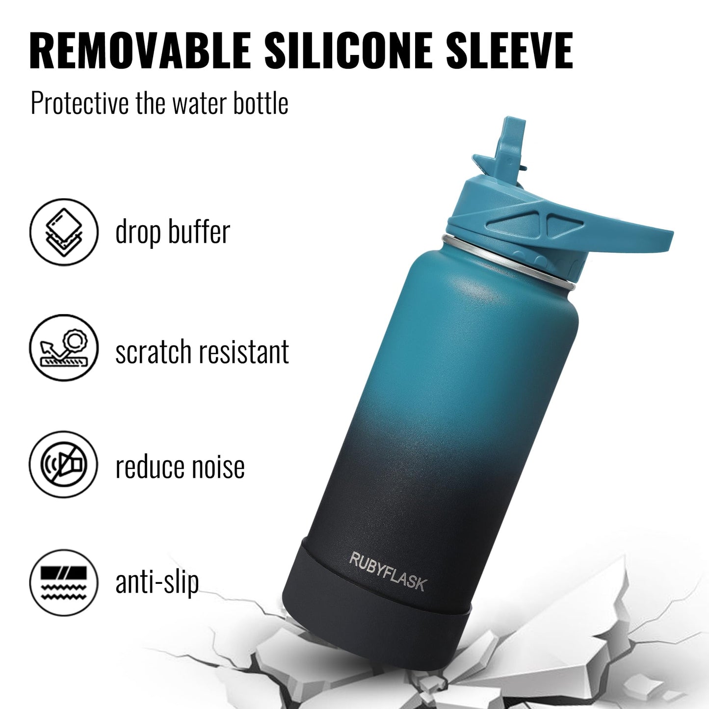 RUBYFLASK 32oz Insulated Water Bottle with Straw, Stainless Steel Metal Vacuum Water Flask, Large Thermal Water bottle with Leakproof 3 Lids for Travel, Camping, Gym Sports Indigo Black