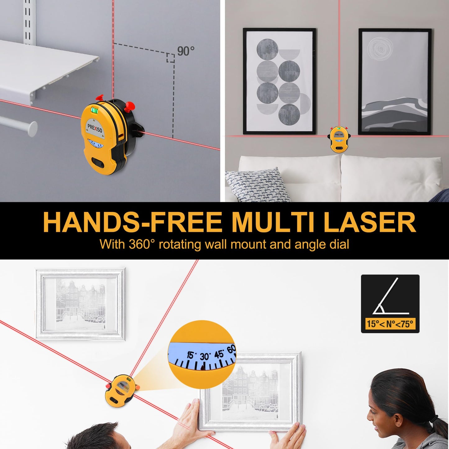 PREXISO Multi Surface Laser Level LED Light Vial, 30Ft Horizontal & Vertical Line Laser with Wall Mount Base, 2 Pins, 10 Sticker, 2 AA Batteries for Hanging Frames & Picture, Construction Wall Writing
