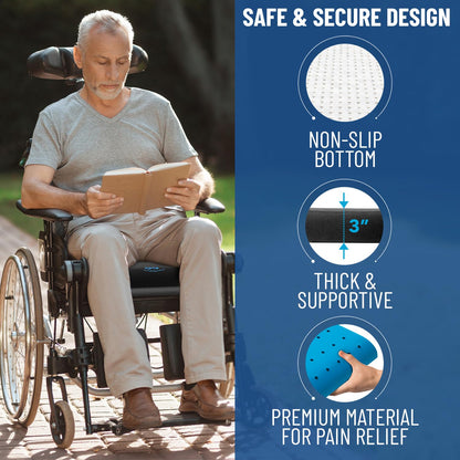 Everlasting Comfort Gel Memory Foam Wheelchair Cushions for Pressure Relief - Ventilated and Soft Wheel Chair Cushion Pad for Seniors and Adults - Non-Slip, Removable Cover - Wheelchair Accessories