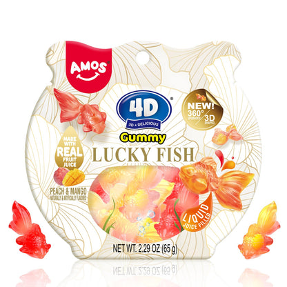 Amos 4D Gummy Lucky Fish Candy, 3D Goldfish-Shaped Gummies with Mango & Peach Juice, 65g per Bag, Gluten-Free Snack