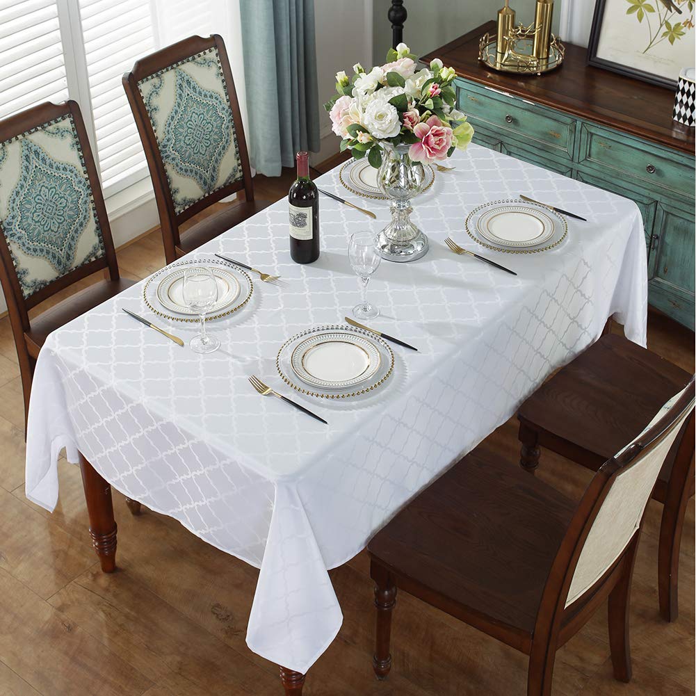 SASTYBALE White Tablecloth Jacquard Floral Polyester Table Cloth Spill-Proof Wrinkle Resistant Table Cover for Kitchen Dining Parties Tabletop(Rectangular/Oblong,60"x120"(10-12 Seats)