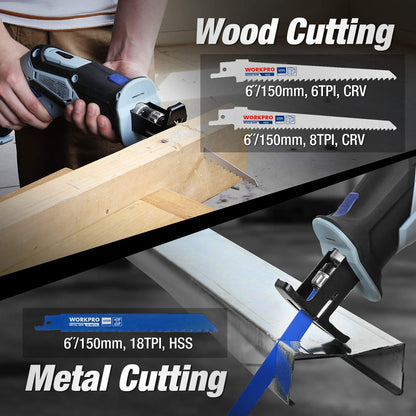WORKPRO 12V Cordless Reciprocating Saw with Clamping Jaw, 2.0Ah Li-Ion Battery with 1 Hour Fast Charger, Variable Speed and Tool-Free Blade Change, 3 Saw Blades for Wood & Metal Cutting