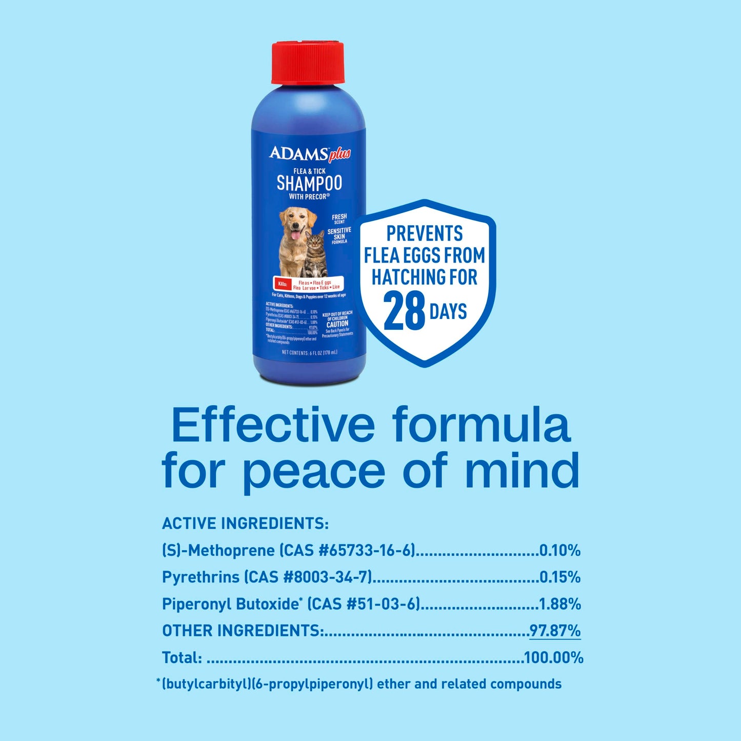 ADAMS Plus Flea & Tick Shampoo with Precor IGR for Cats, Kittens, Dogs & Puppies Over 12 Weeks Of Age, Sensitive Skin Flea Treatment, Kills Adult Fleas, Flea Eggs, Ticks, and Lice, 6 Ounces