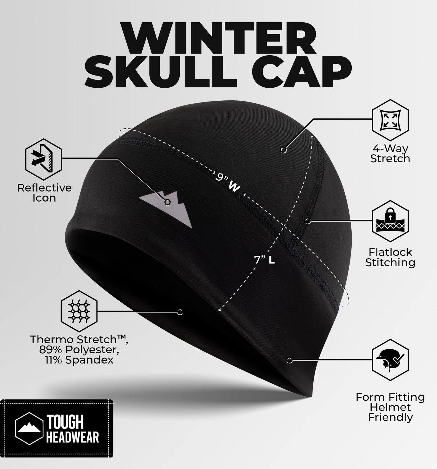 Tough Headwear Skull Cap - Skull Caps for Men and Women - Motorcycle Bike or Football Helmet Liner - Warm Mens Womens Head Liners - Winter Running Beanie Hat - Black
