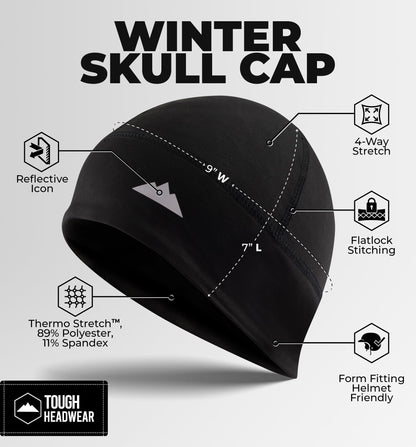 Tough Headwear Skull Cap - Skull Caps for Men and Women - Motorcycle Bike or Football Helmet Liner - Warm Mens Womens Head Liners - Winter Running Beanie Hat - Black